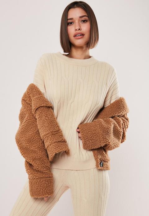 Stone Co Ord Cable Crew Knit Sweater