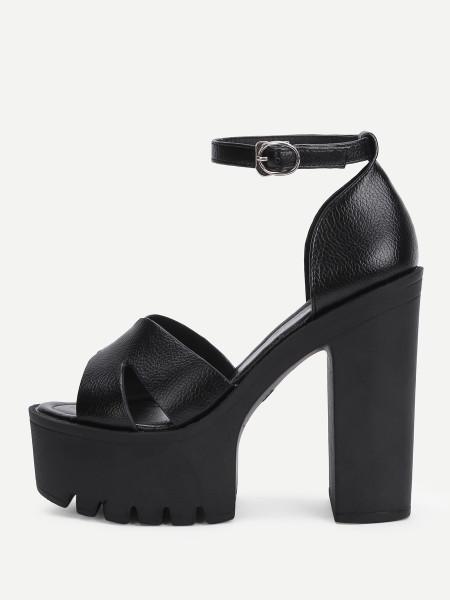 Sandalias Pu Con Tacón Block Con Tira Tobillera