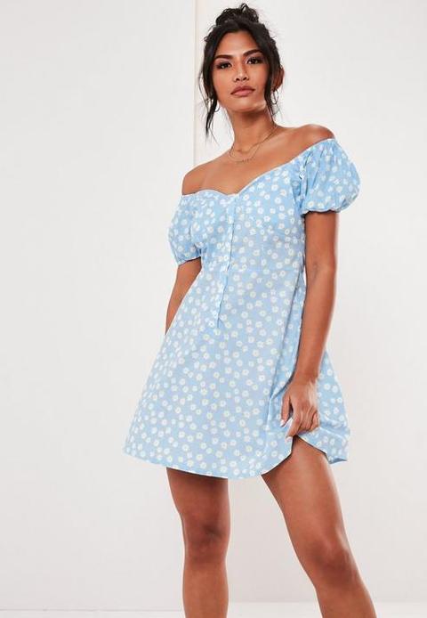 Blue Daisy Print Milkmaid A Line Dress, Blue