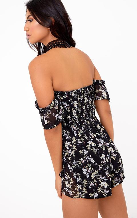 Black Floral Shirring Bardot Playsuit