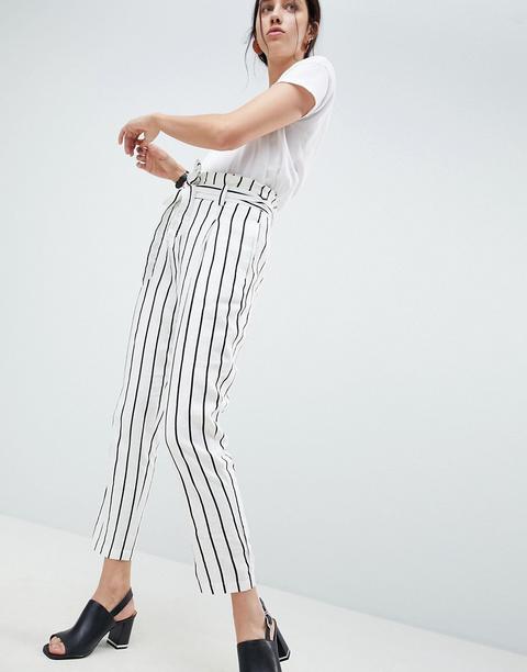 Asos Design Tailored Casual Tie Waist Linen Peg Trousers - Stripe