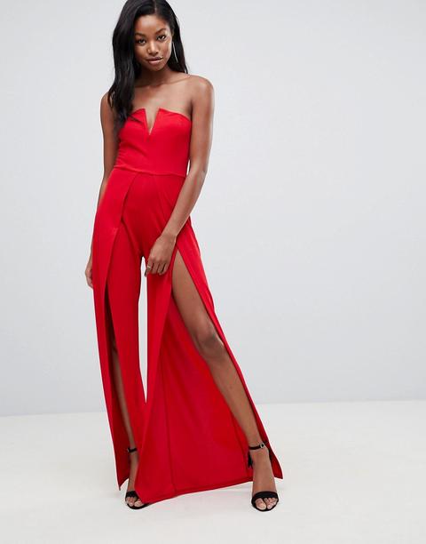 Club L - Tuta Jumpsuit A Fascia Con Scollo A V Strutturato E Spacco Sulla Gamba - Rosso