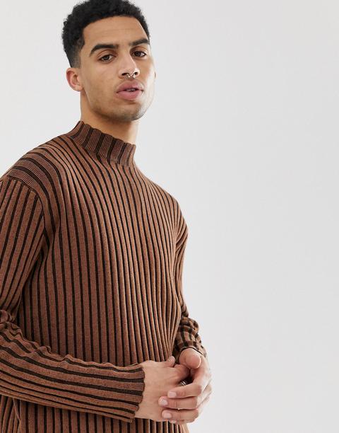 Asos Design Knitted Oversized Turtle Neck Jumper In Brown-tan