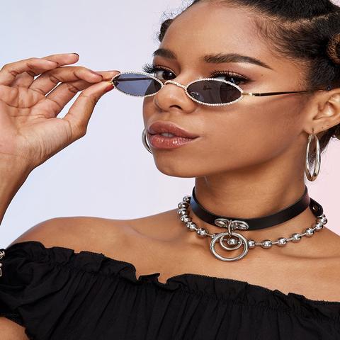 Rhinestone Decor Oval Frame Sunglasses
