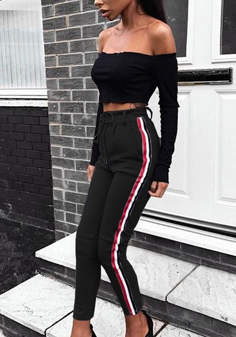 Black Striped Drawstring Pockets Casual Long Pants