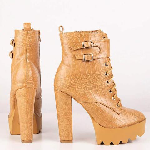 Raine - Lace Heeled Boots In Beige Snake Print