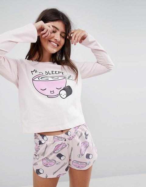 "asos - Pigiama Pantaloncini E Maglia A Maniche Lunghe Con Scritta "miso Sleepy" - Multicolore