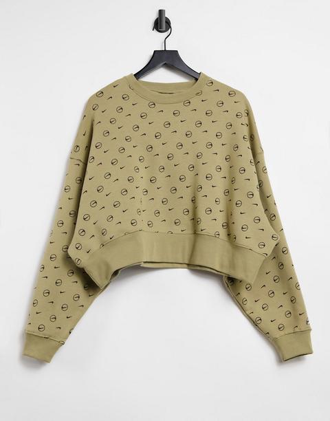 Nike All Over Logo Print Cropped Sweatshirt In Camel-brown