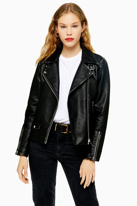 Womens Washed Black Faux Leather Biker Jacket - Black, Black