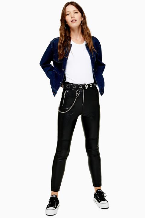 Womens Idol Black Skinny Biker Faux Leather Pu Trousers - Black, Black