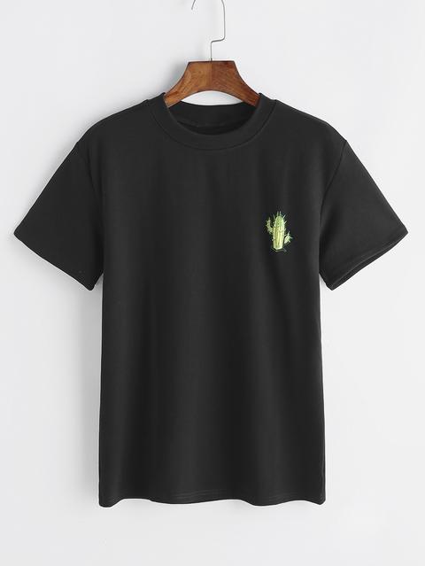 Black Cactus Embroidered Mock Neck T-shirt