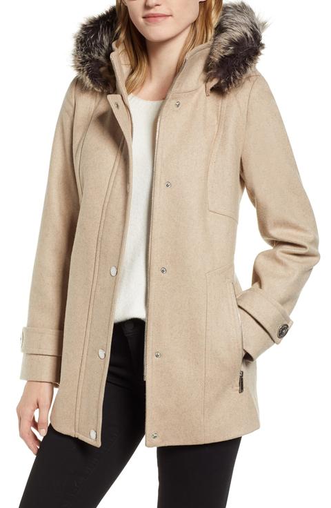 Faux Fur Hooded Wool Car Coat