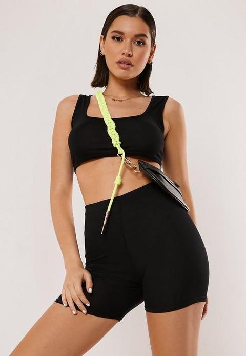 Black Crop Top And Cycling Shorts Co Ord Set, Black