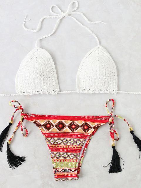Printed Side Tie Knit Bikini Set With Tassel