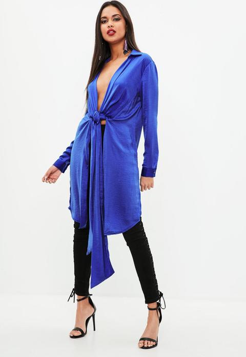 Blue Satin Twist Front Longline Shirt, Blue