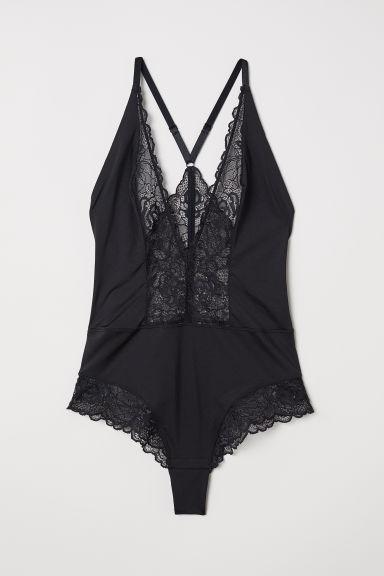 H & M - Body Microfibra E Pizzo - Nero