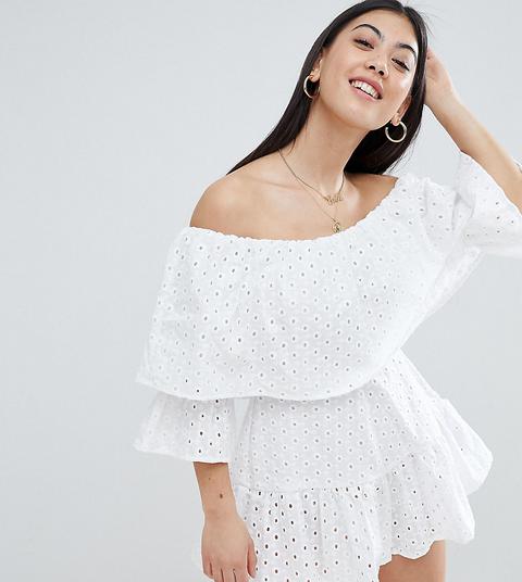 Asos Design Petite Broderie Playsuit - White