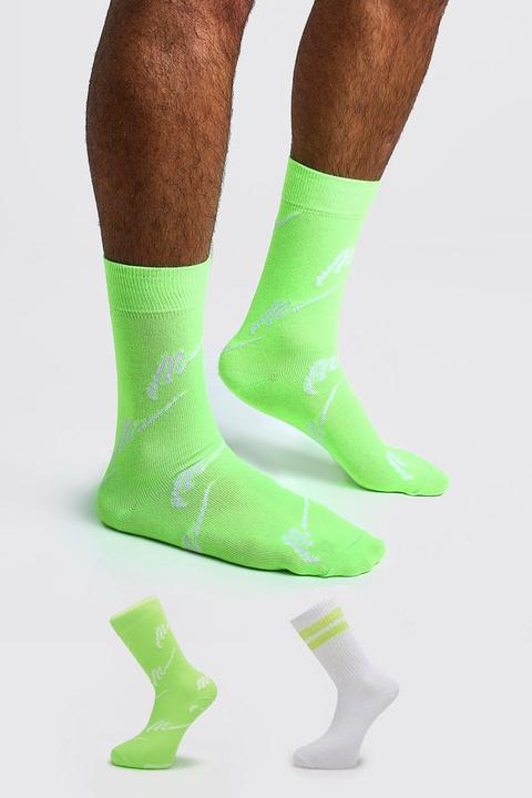 Mens Green Man Script Two Pack Socks, Green