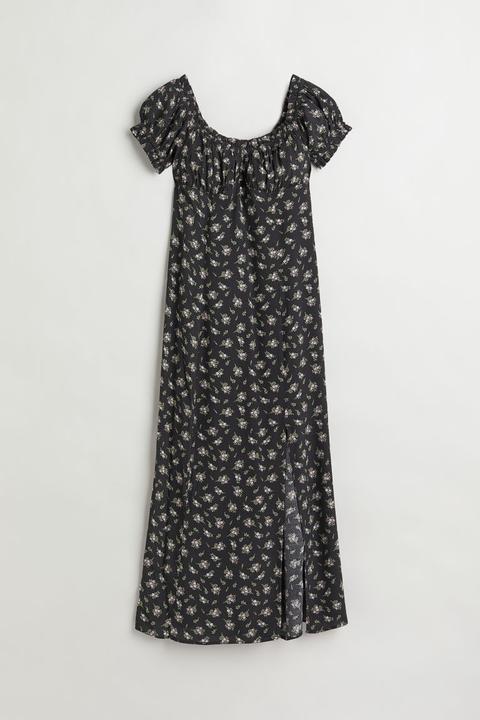 Floral Puff-sleeved Dress - Grey