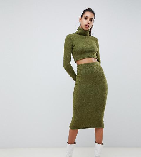 Missguided Knitted Midi Skirt In Khaki