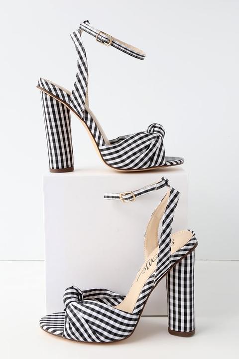 Nessa Black And White Gingham Ankle Strap Heels
