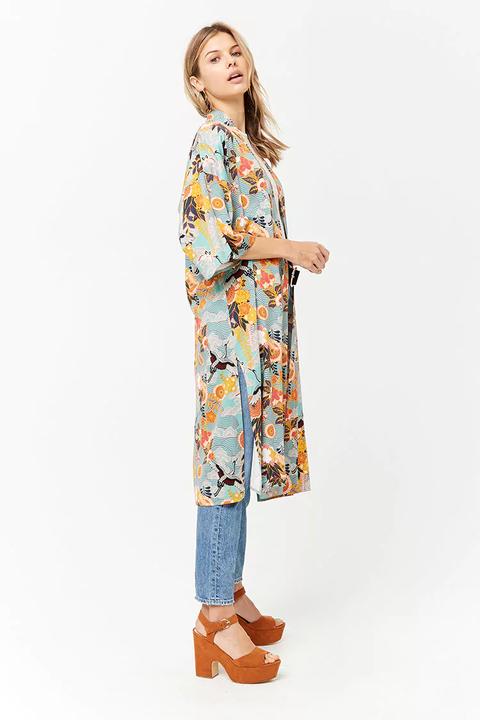 Floral Bird Print Kimono