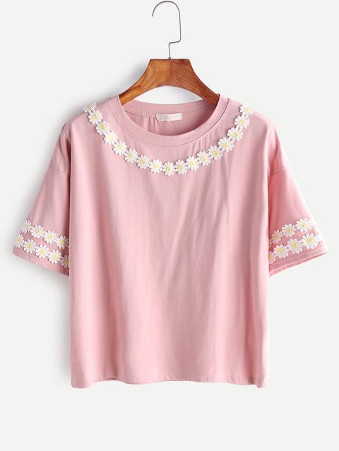 Camiseta De Hombro Caído Con Aplicación De Flor - Rosa