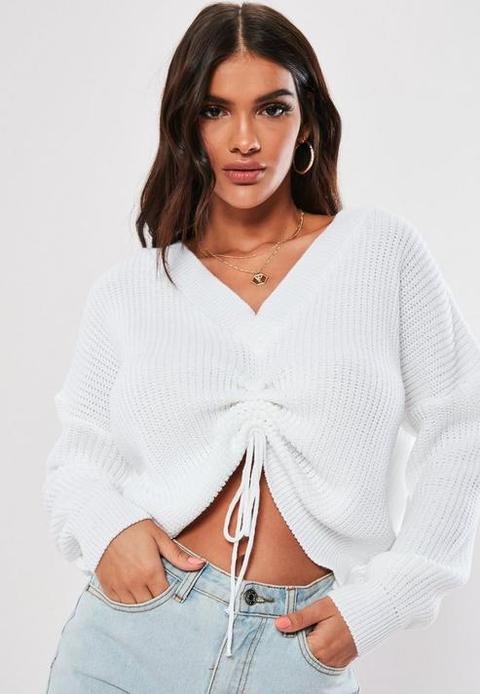 White Knitted Ruched Front V Neck 