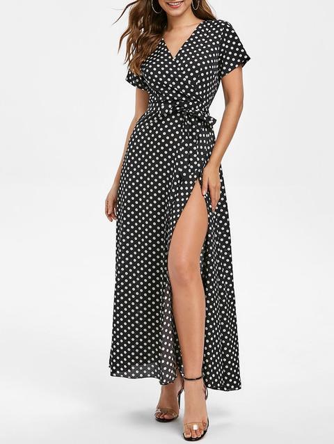 Polka Dot Belted Maxi Overlap Dress