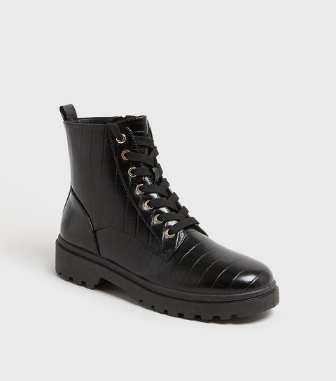 Black Patent Faux Croc Lace Up Chunky Biker Boots New Look Vegan