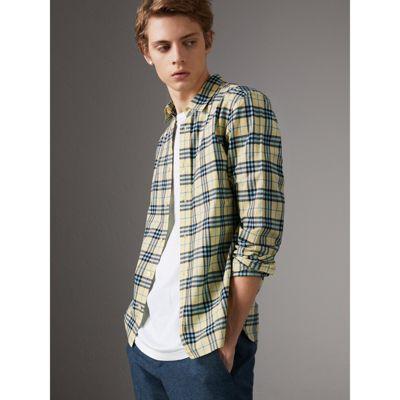 Camisa En Algodón A Cuadros (amarillo Tiza) - Hombre | Burberry