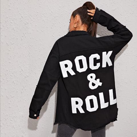 Slogan Patch Raw Hem Longline Denim Jacket
