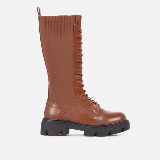 Saint lace up mid calf knitted chunky sole ankle biker boot in black faux leather Clearance