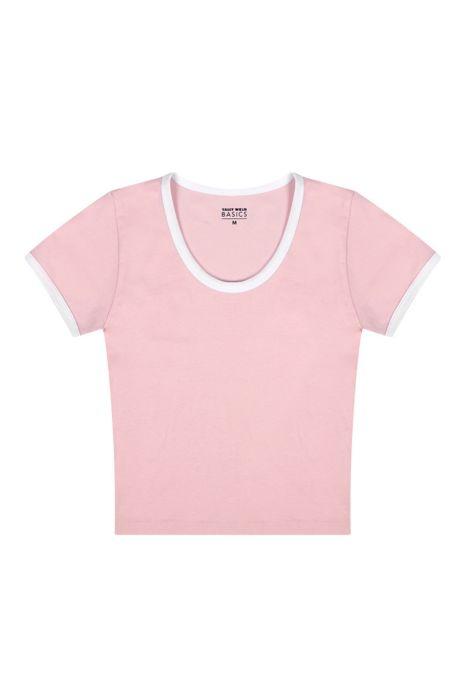 T-shirt Corta Rosa Con Bordo Bianco