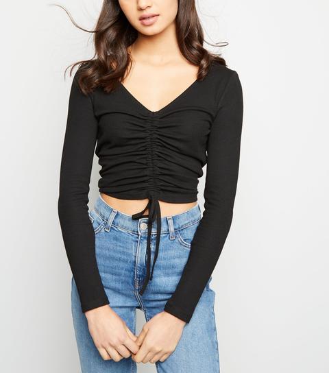 Black Ruched Long Sleeve Crop Top New Look