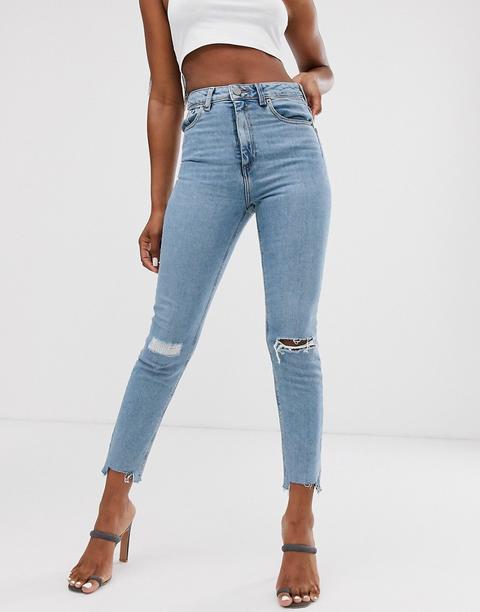 Asos Design High Rise Farleigh 'slim' Mom Jeans In Light Vintage Wash With Slashed Rips & Raw Hem Detail-blue