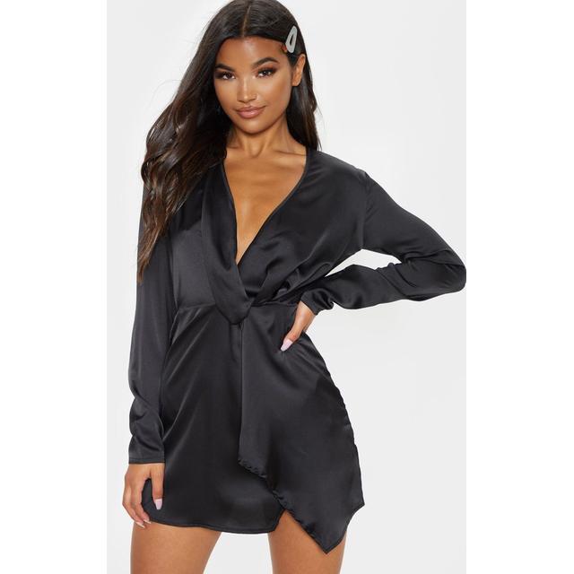 plus black satin long sleeve wrap dress