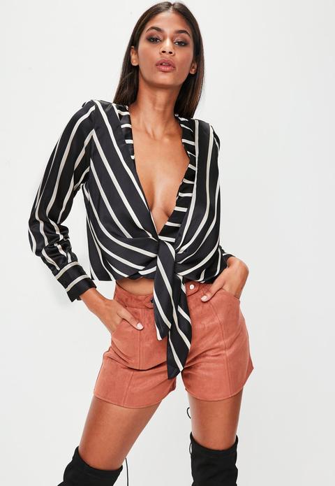 Black Striped Tie Front Blouse, Black