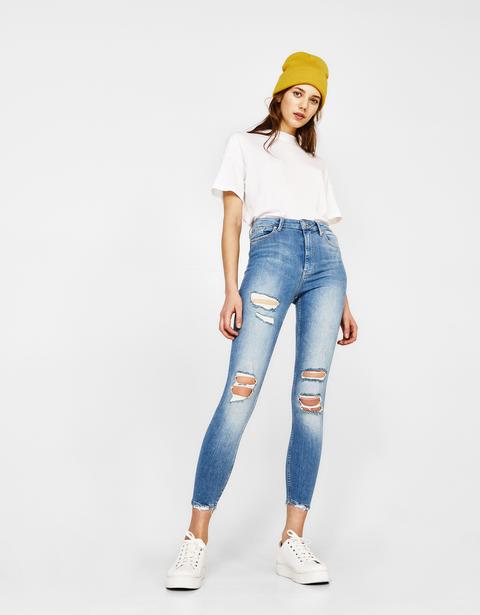 Jeans Skinny Fit High Waist Con Strappi