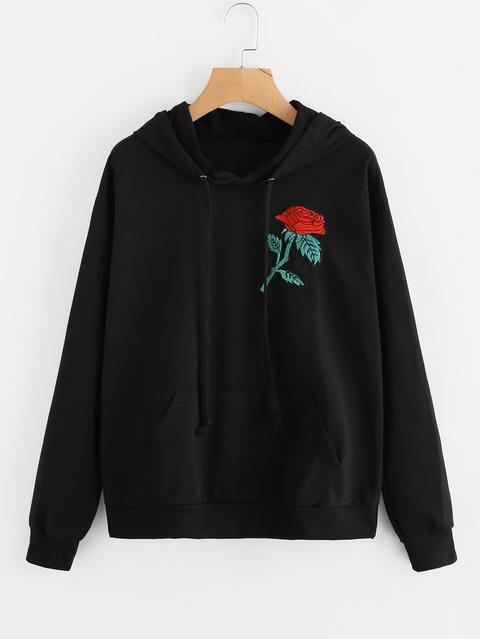 Rose Embroidered Hooded Sweatshirt