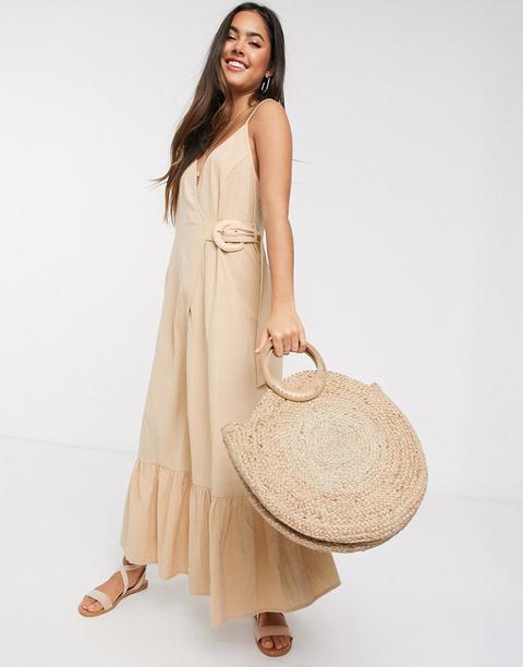 Asos Design Cami Wrap Maxi Dress In Linen With Wicker Belt In Stone-white