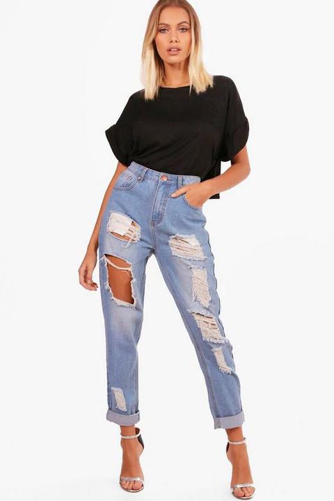 High Waist Distress Mom Jeans