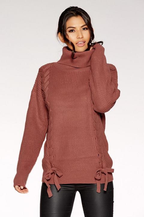 Rose Knitted Roll Neck Lace Up Detail Jumper