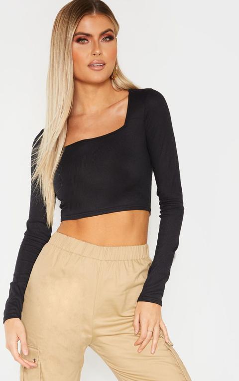 Black Square Neck Long Sleeve Top 