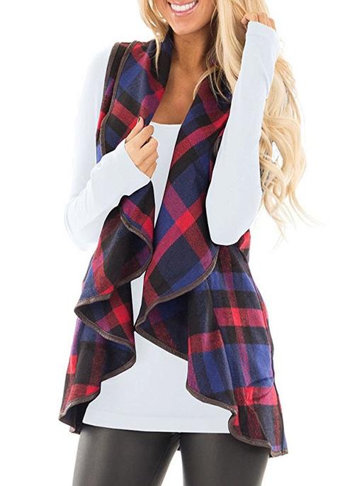 Red-black Plaid Print Pockets Turndown Collar Fall Cardigan Vest