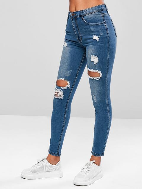 Strappato Skinny Zipper Fly Jeans Denim Blue