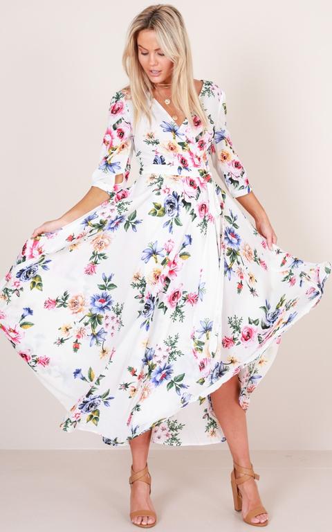 Retro Romance Maxi Dress In White Floral