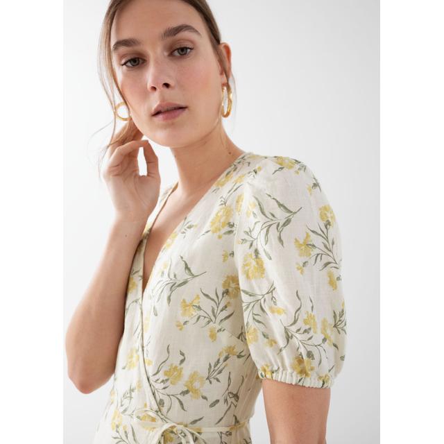 ruffled linen wrap midi dress