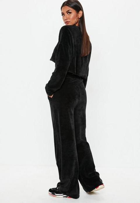 Black Velour Zip Through Wide Leg Joggers Black from Missguided