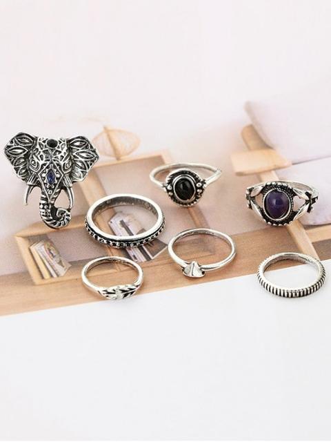 7 Piezas Bohemia Elefante Anillos De Ojo Silver